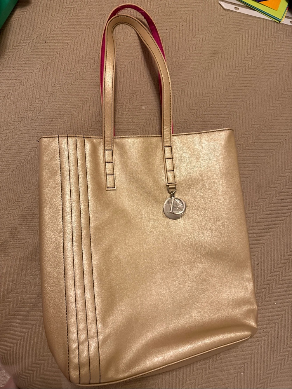 Metallic Gold Tote Bag with Charm